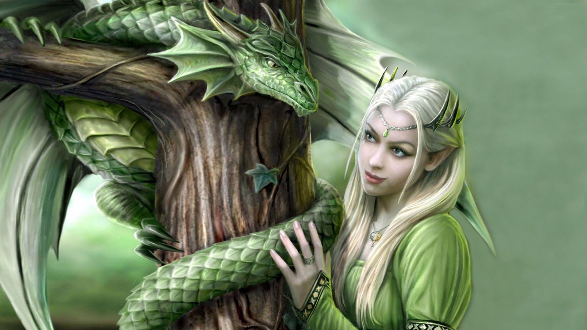 1920x1080 Green Dragon And Princess Fantasy Digital Art HD Desktop Wallpaper :