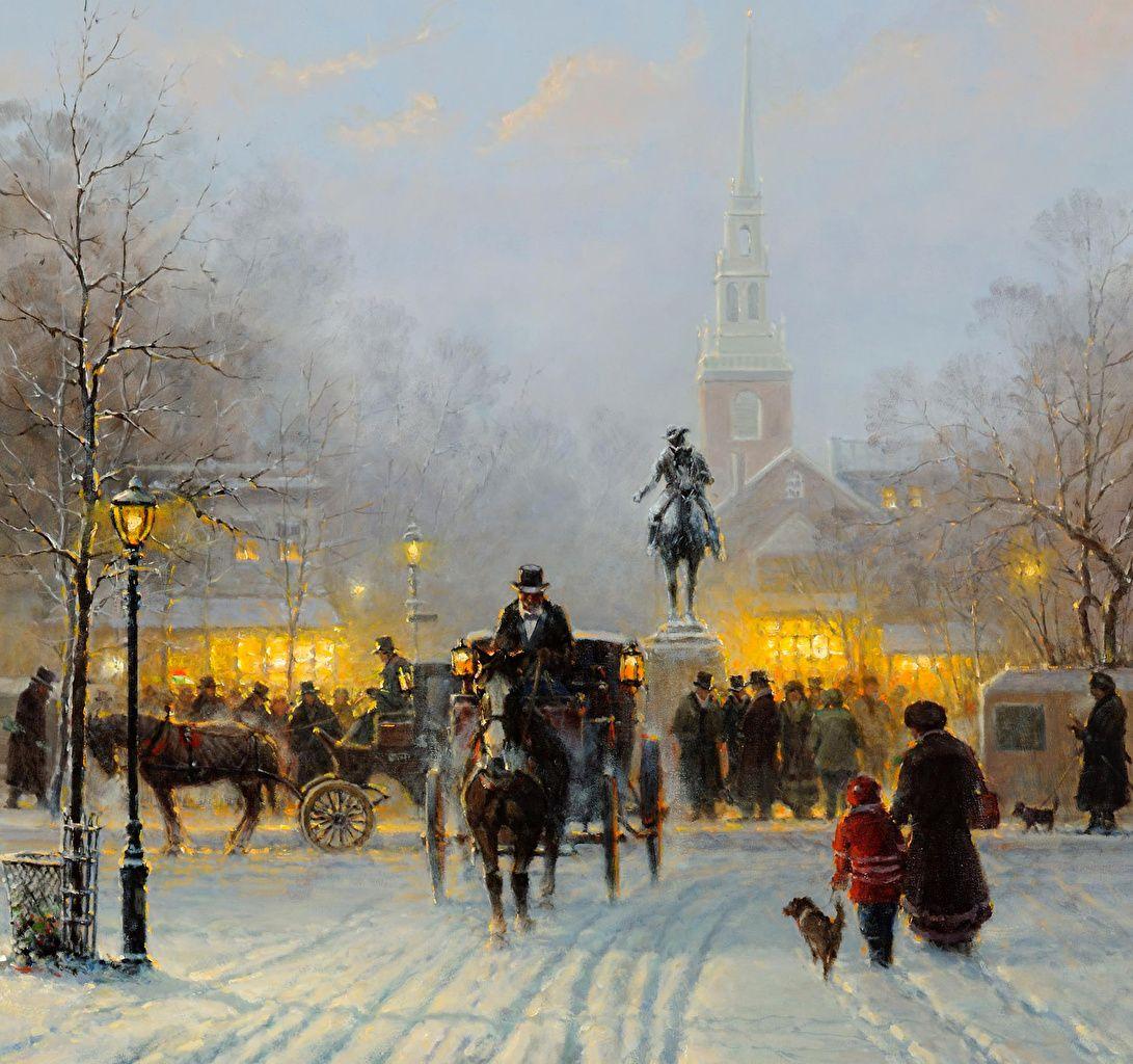 1091x1024 Desktop Wallpaper horse USA Harvey G, Winter Evening In Old Boston