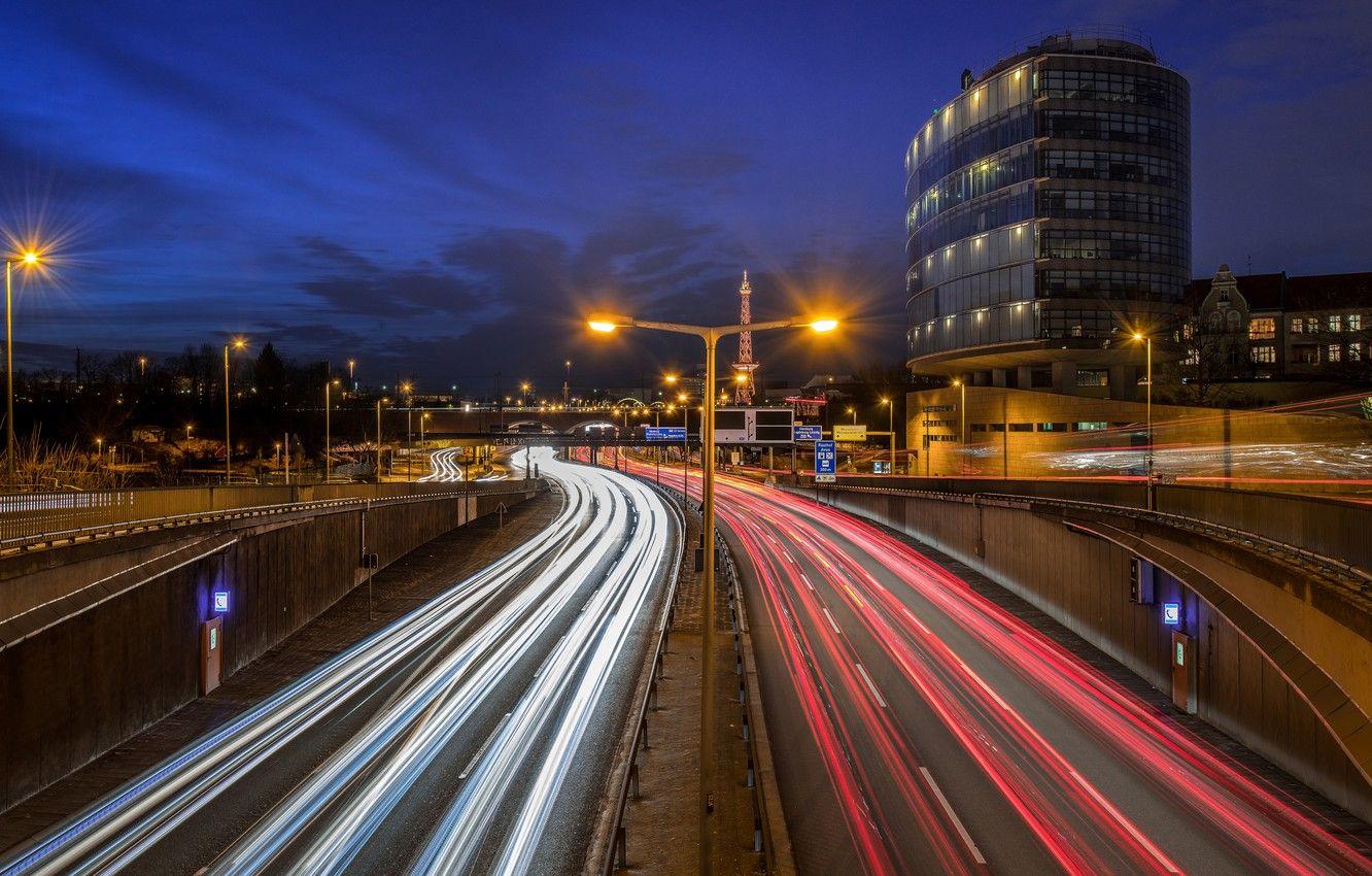 1332x850 Wallpaper road, night, bridge, lights, movement, building, Germany