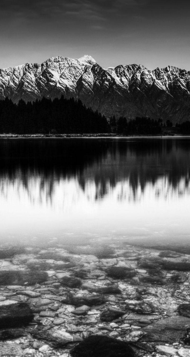 744x1392 The iPhone Wallpaper Black And White Snow Mountain Lake