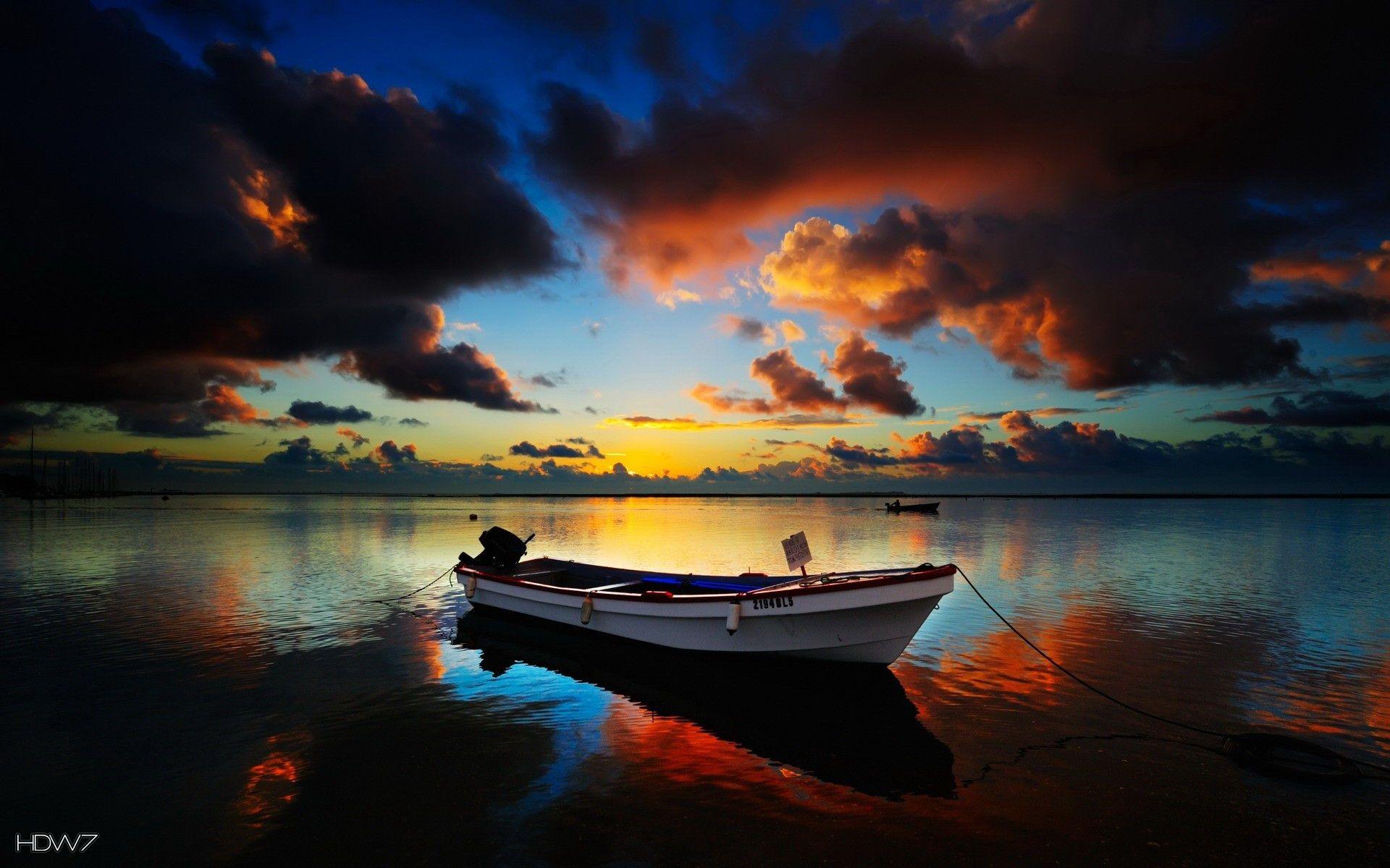 1920x1200 boat colored sky reflecting in a lake. HD wallpaper gallery