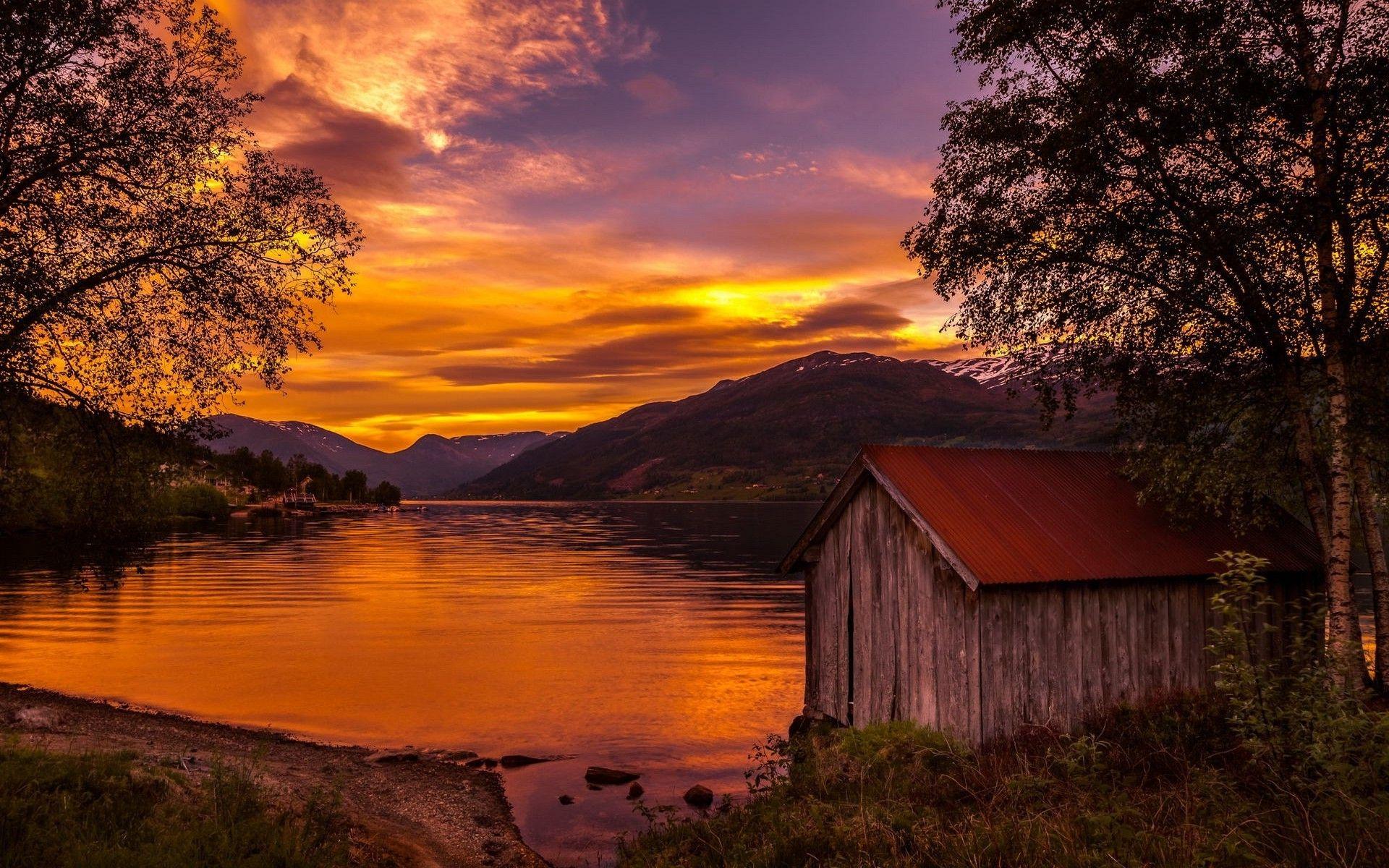 1920x1200 nature, Landscape, Boathouses, Lake, Sunset, Norway, Trees