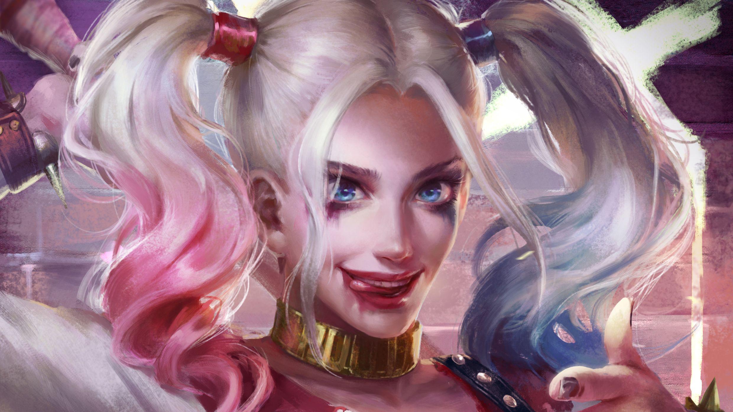 2480x1395 Comics Harley Quinn DC Comics Face Girl Woman Twintails Blue Eyes