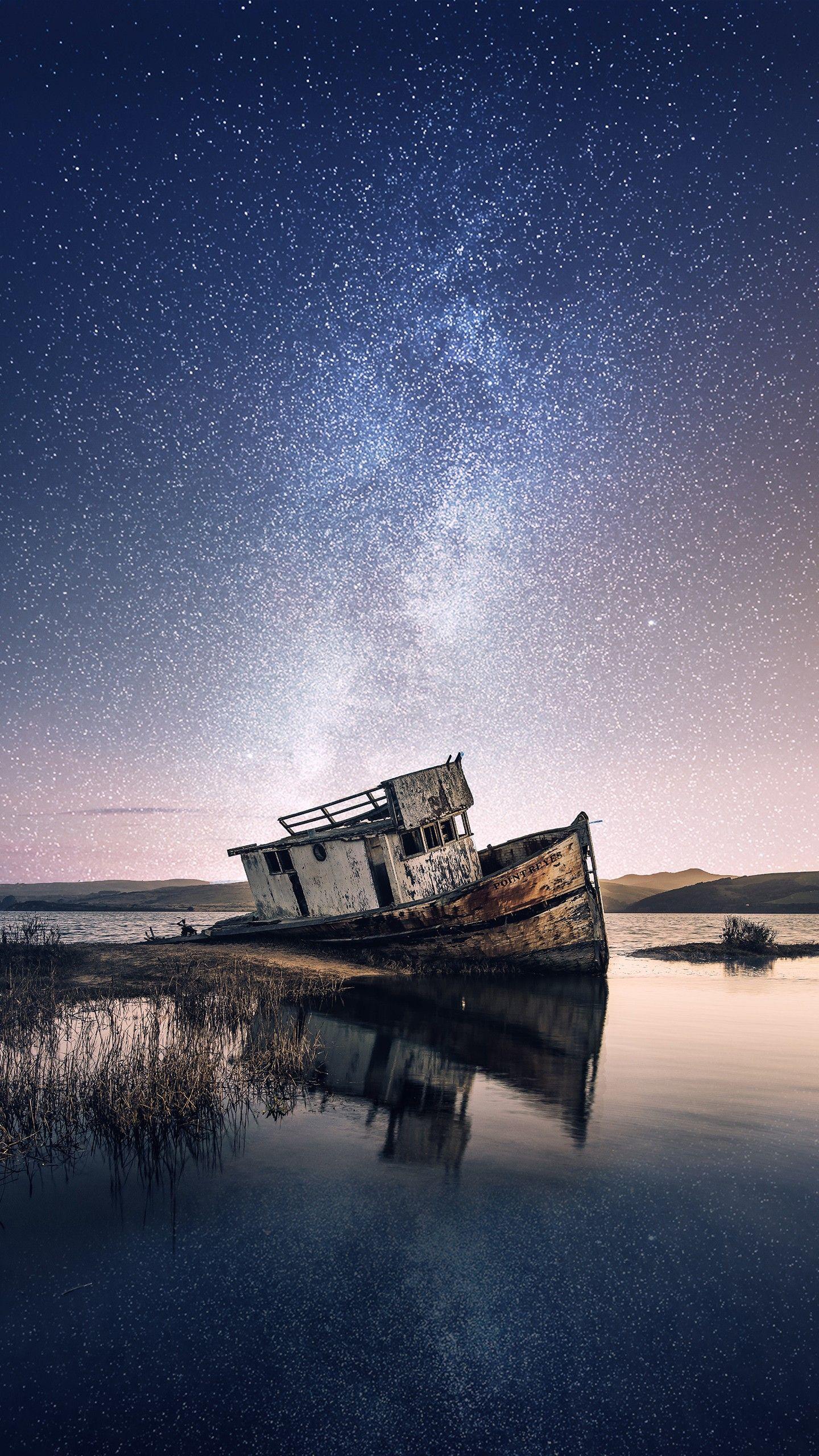 1440x2560 Abandoned Beach Boat 4K Wallpaper