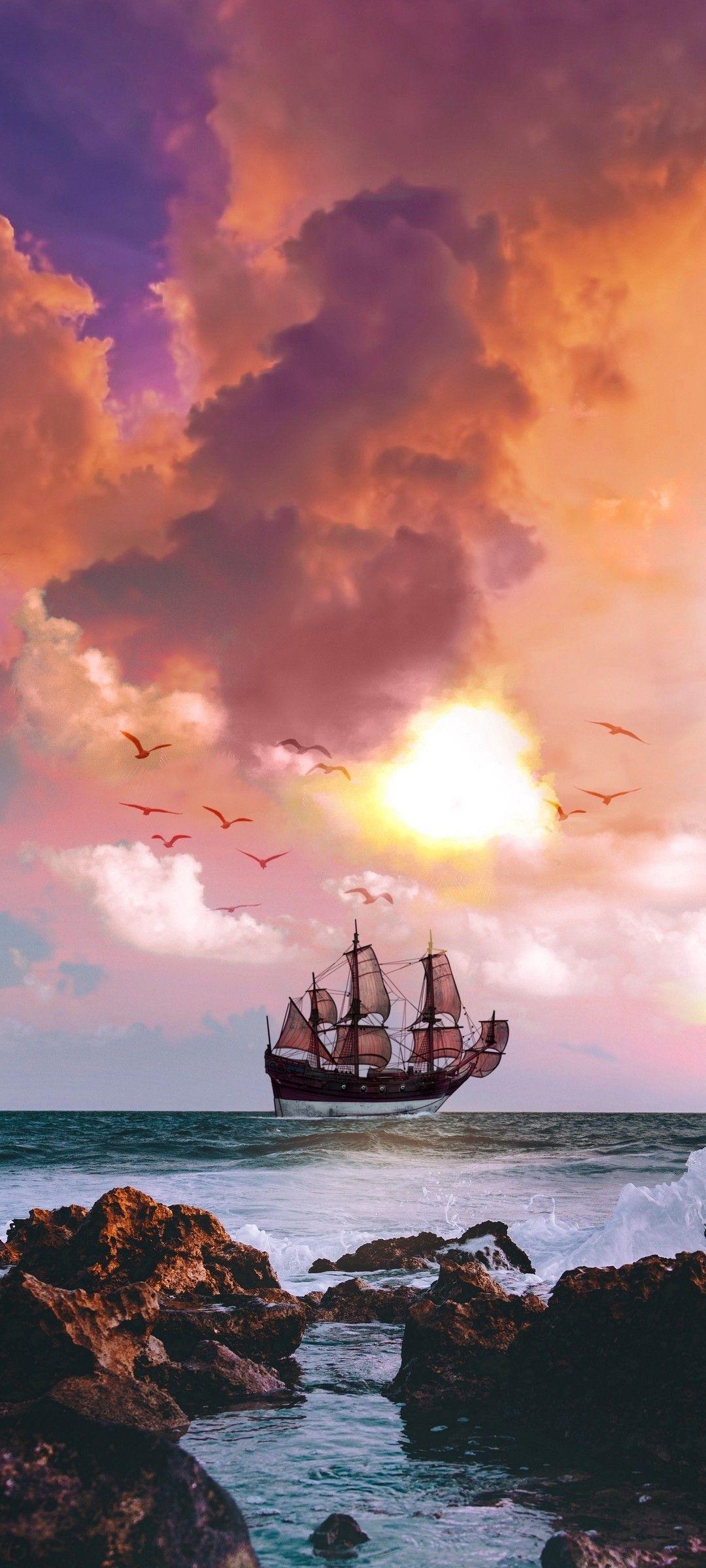 1080x2400 iPhone Wallpaper. Sky, Boat, Vehicle, Sea, Sunset, Watercraft