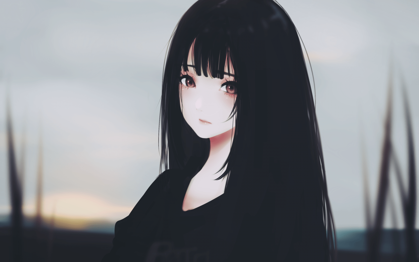 1680x1050 Anime Girl, Black Hair, Sad Expression, Semi Realistic
