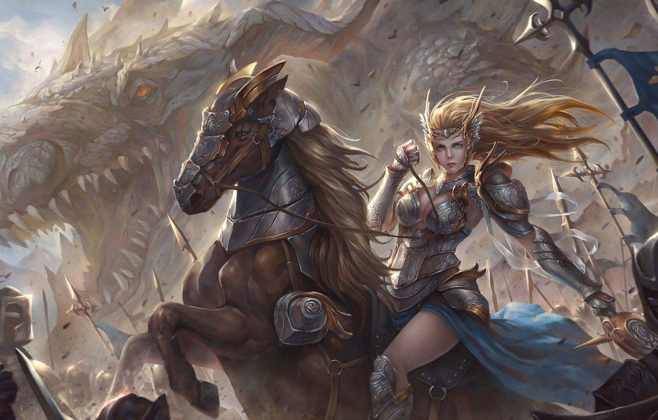 1332x850 Wallpaper girl, fantasy, soldiers, armor, Warrior, army, dragon