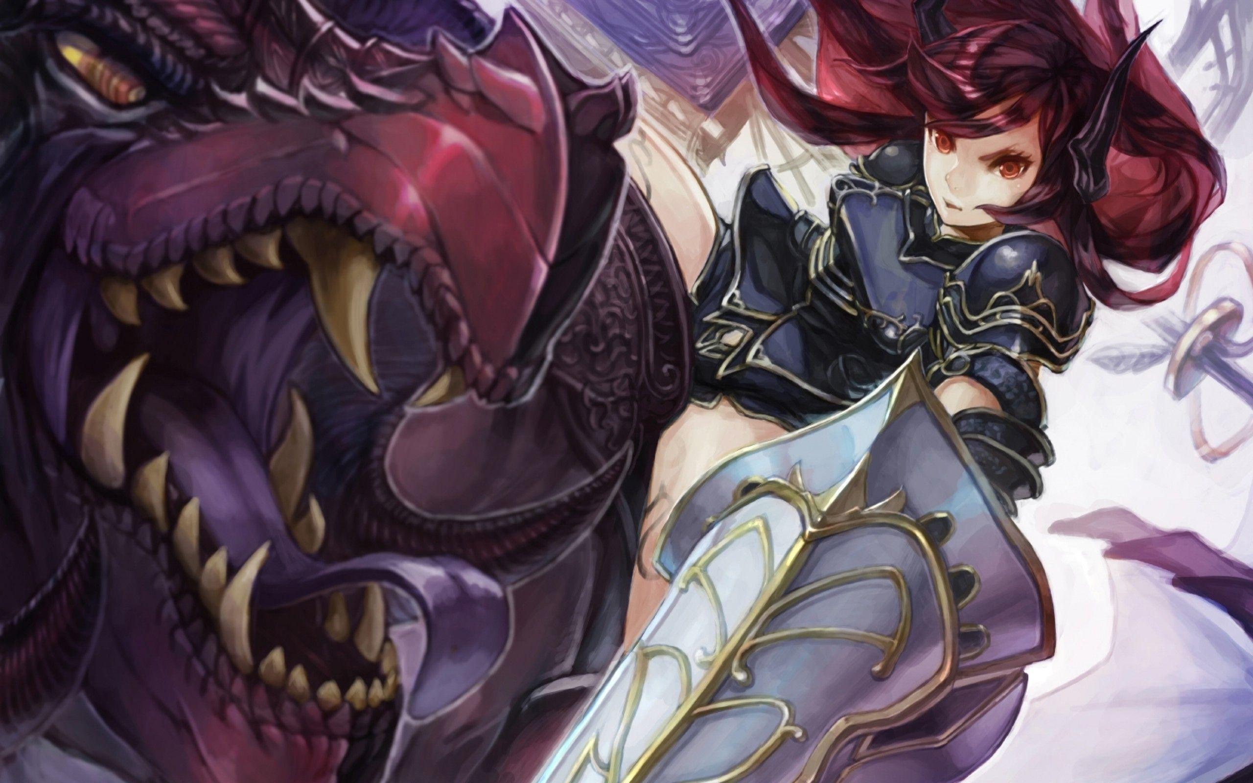 2560x1600 Download 2560x1600 Anime Girl, Dragon, Lance, Horns, Redhead