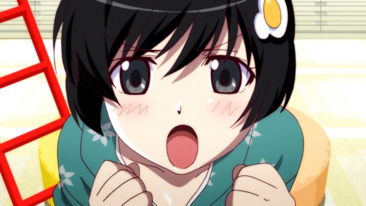 1244x700 Bakemonogatari black eyes short hair open mouth yukata Japanese