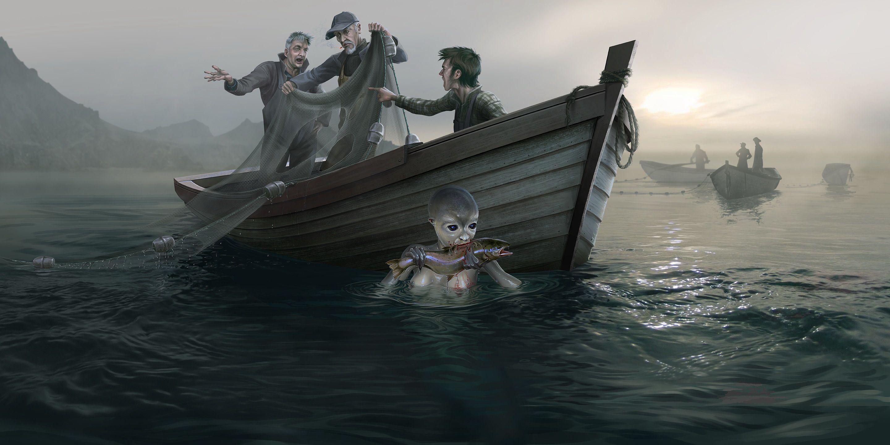 2880x1440 Picture Fantasy Water Boats Supernatural beings 2880x1440