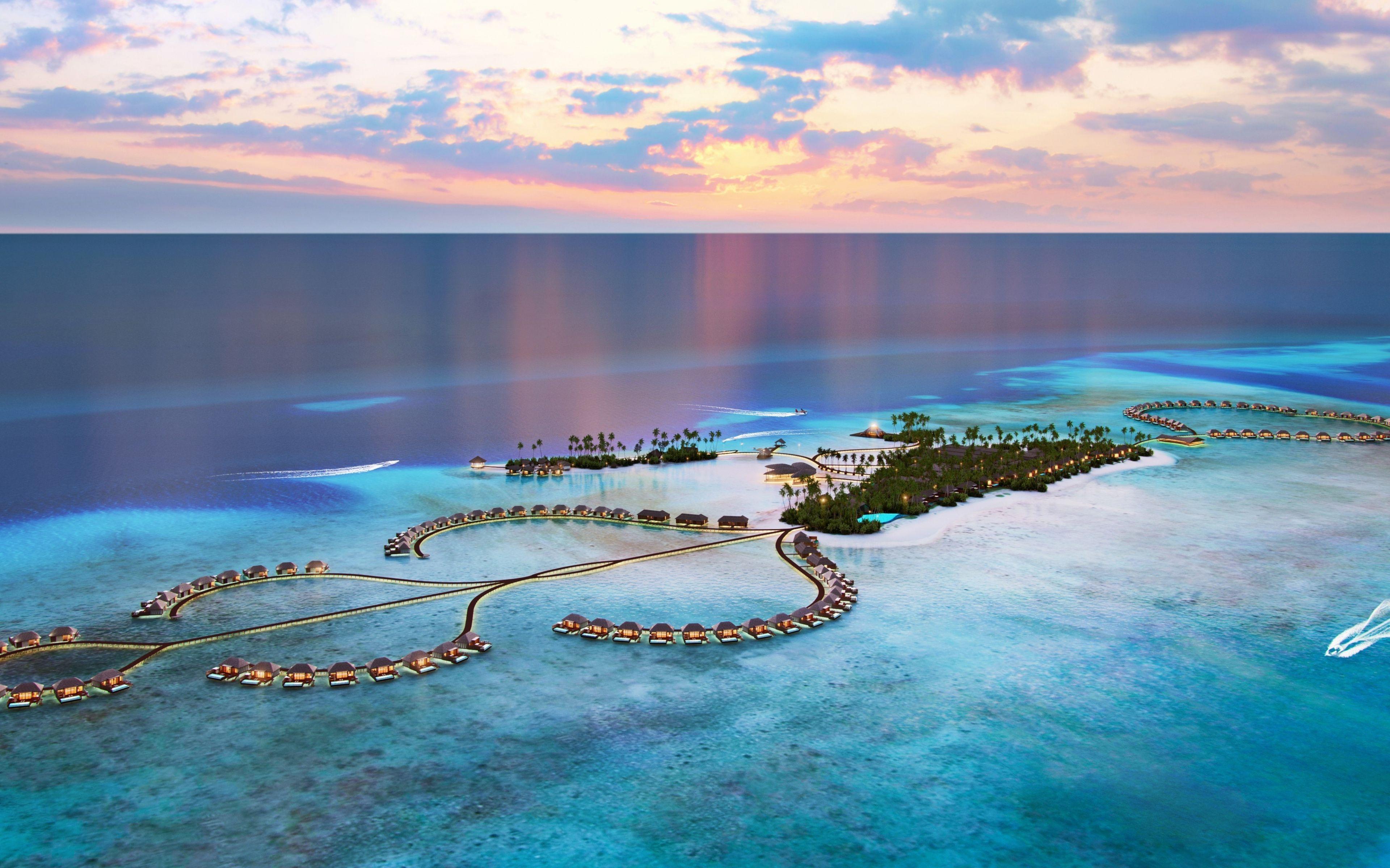 3840x2400 Maldives, Resorts, Aerial View, Island, Sea, Wallpaper
