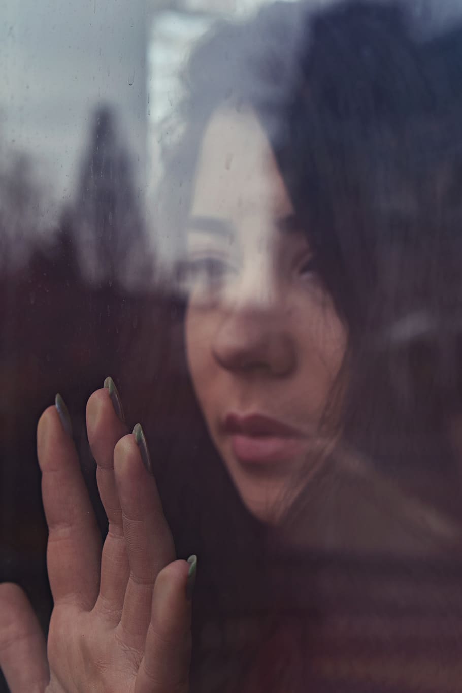 910x1365 Shallow Focus Photo Of Woman Touching Window, Glass, Crying