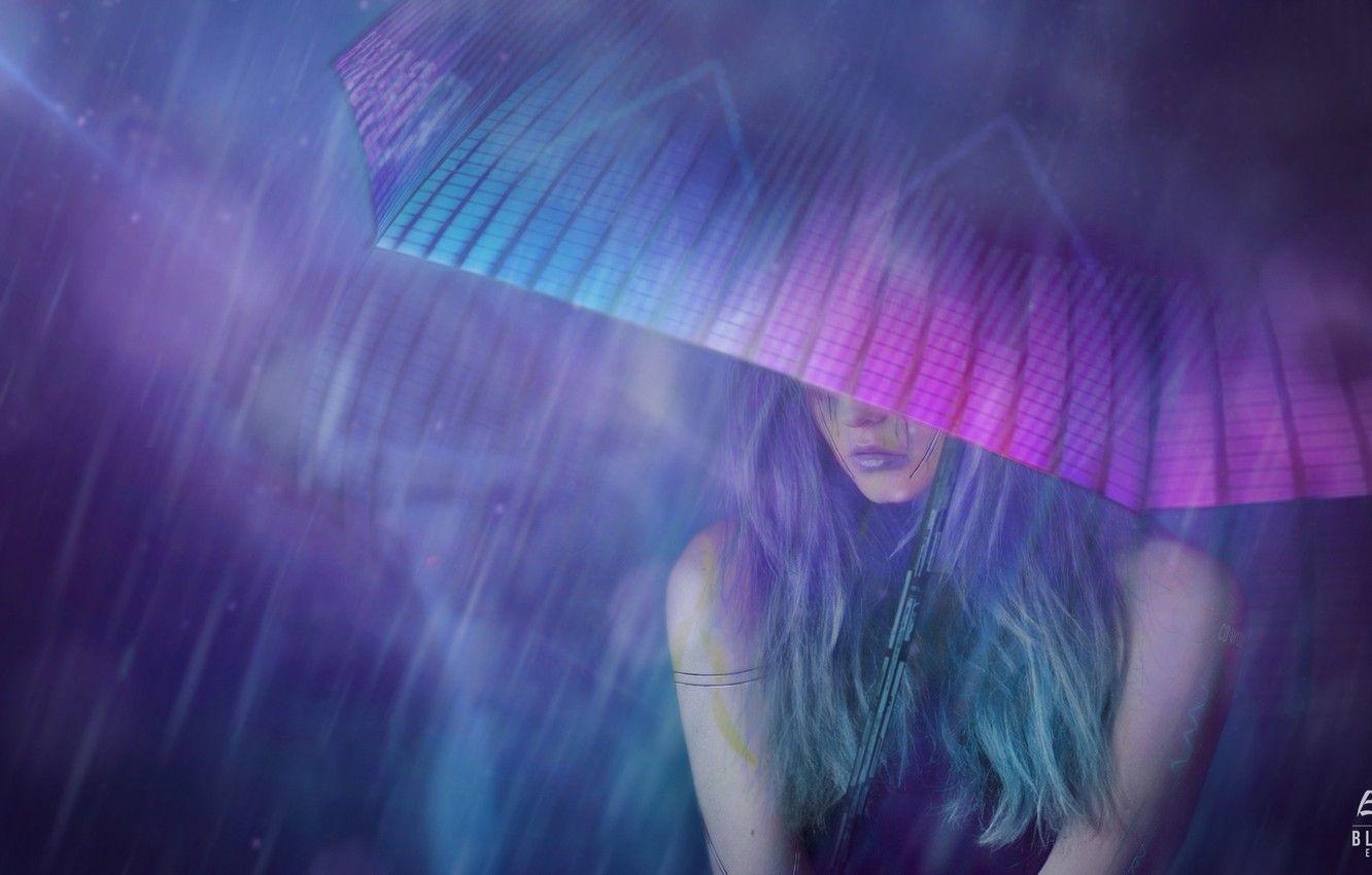 1332x850 Wallpaper Girl, Night, Figure, Umbrella, Art, Art, Rain, Concept
