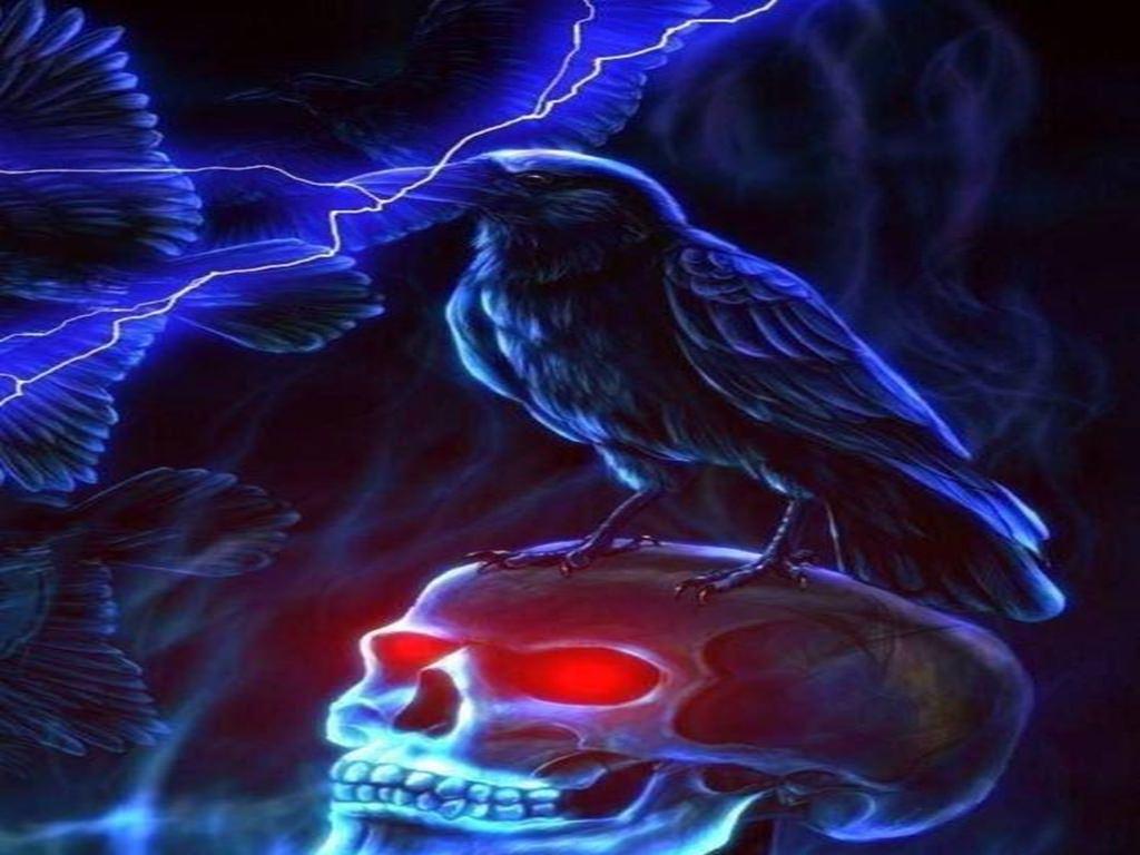 1024x768 Crow and skull dark abstract 3D cg HD wallpaper