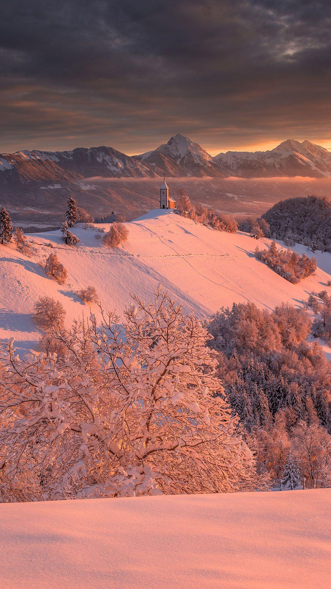 1080x1920 Dreamy Pixel. Free iPhone Wallpaper: Winter landscape at sunset