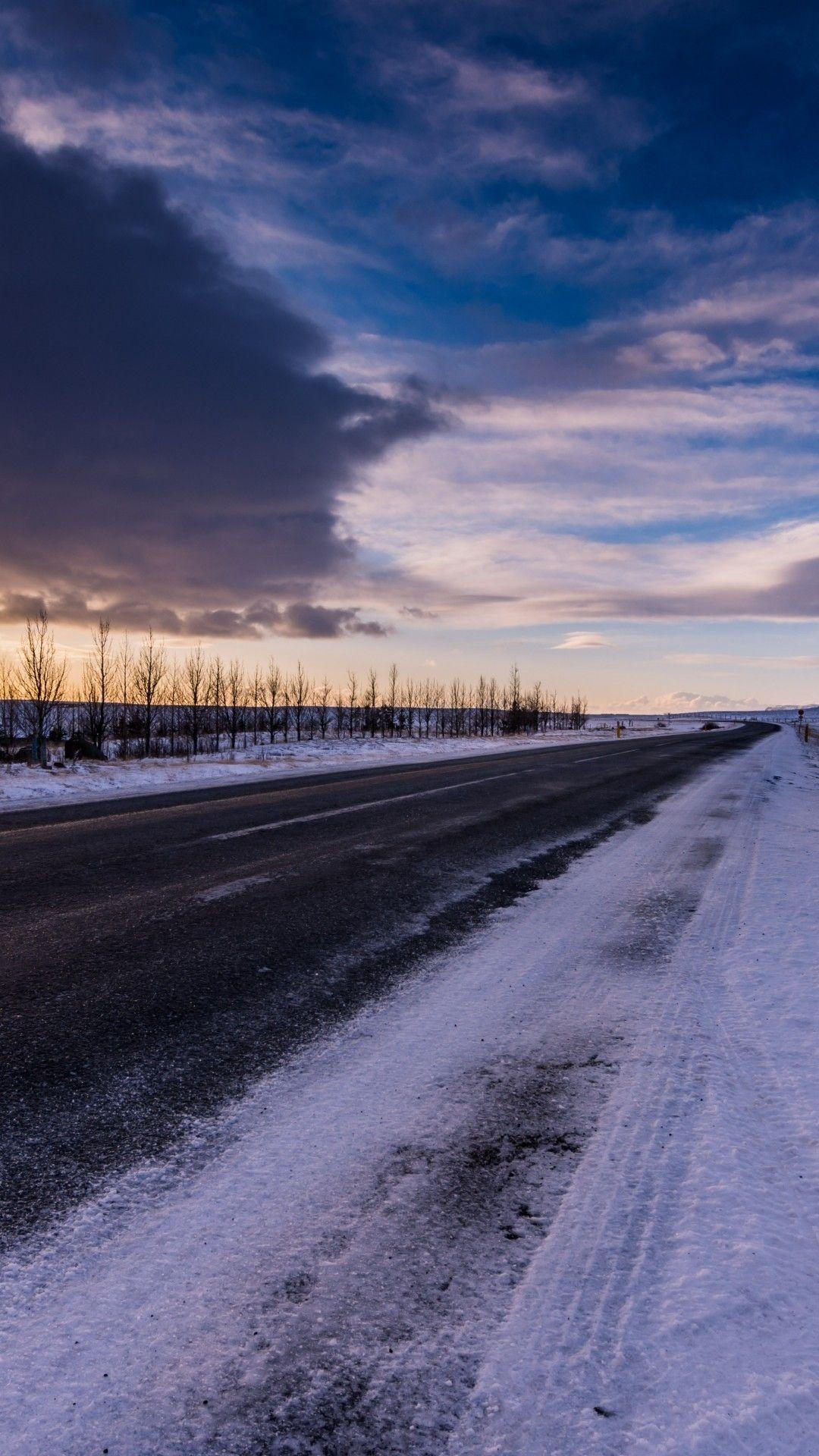 1080x1920 Download 1080x1920 Snow, Winter, Sunset, Long Road, Sky, Field