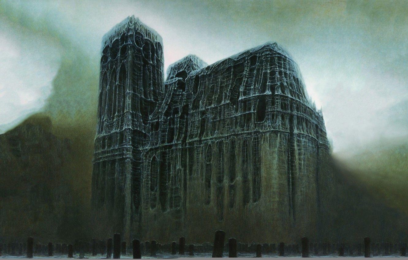 1332x850 Wallpaper surrealism, the darkness, cemetery, Cathedral, plate, Zdzisław Beksiński, Zdislav Beksinski, postapocalyptic, tombstone, from the bones image for desktop, section разное