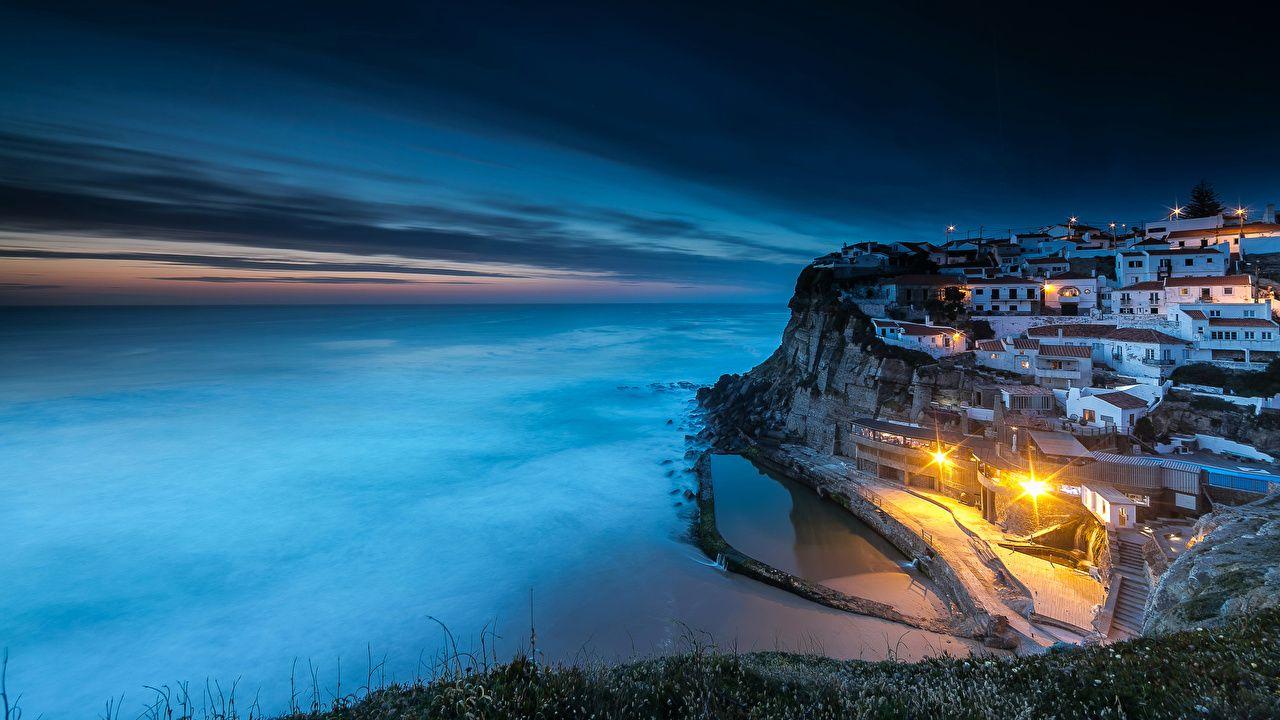 1280x720 Wallpaper Sintra Portugal Azenhas do Mar Cliff Coast night time