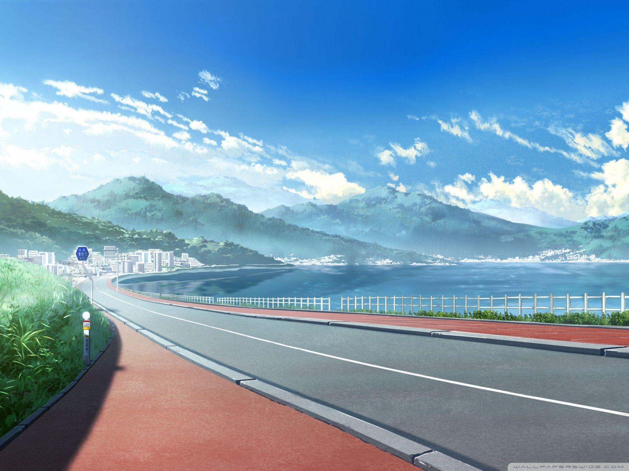 Premium AI Image | Road way anime visual novel game Scenery water Generate  Ai