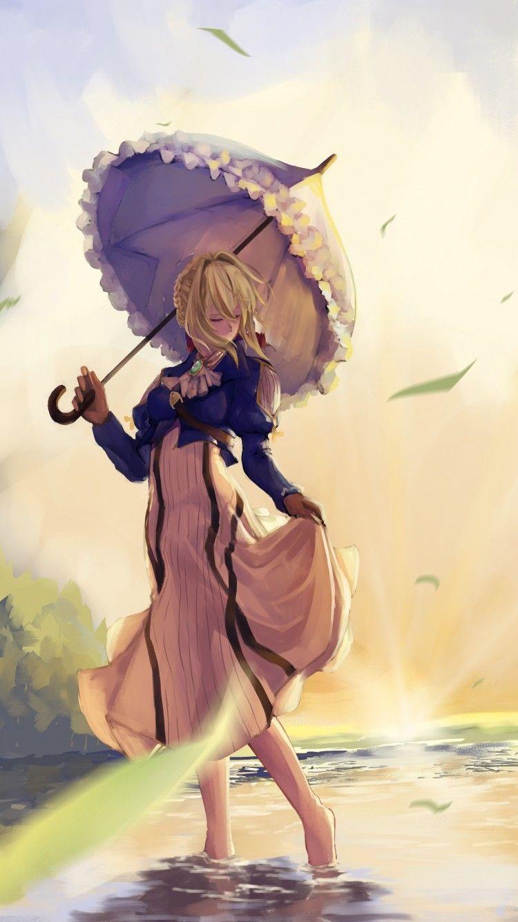 750x1334 Download 750x1334 Violet Evergarden, Umbrella, Dress, Blonde