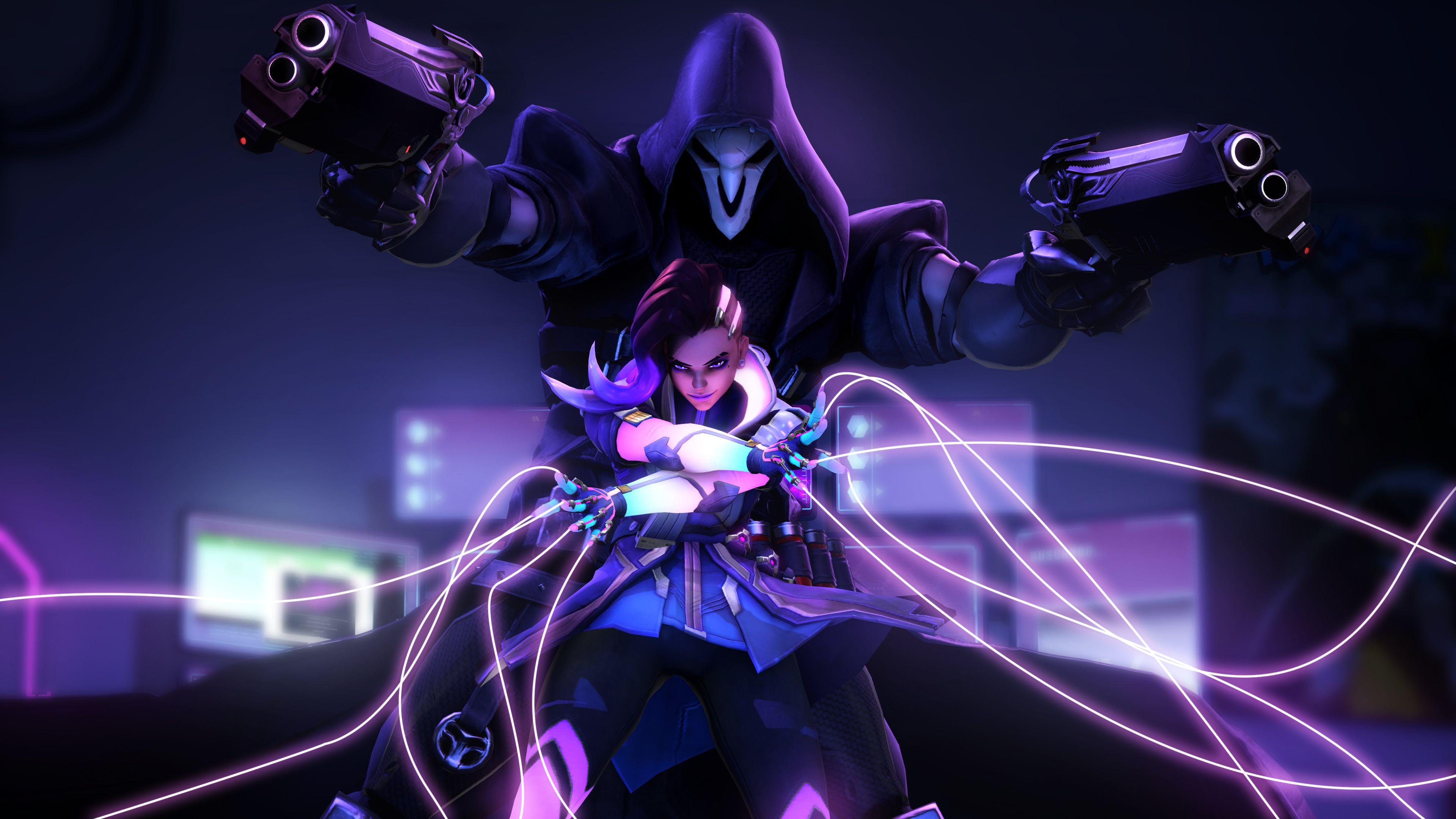 3840x2160 4K Wallpaper Sombra, Reaper, Overwatch, Neon, Games