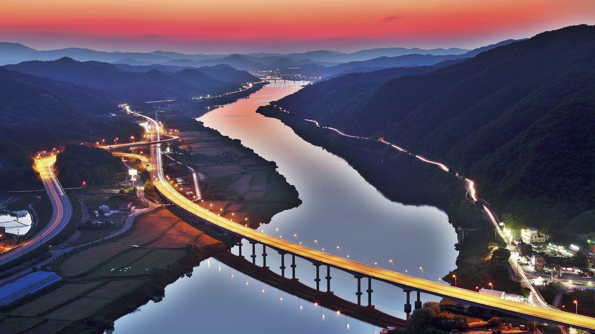 1920x1080 nature, Landscape, Bridge, Water, Evening, Hill, Trees, South Korea