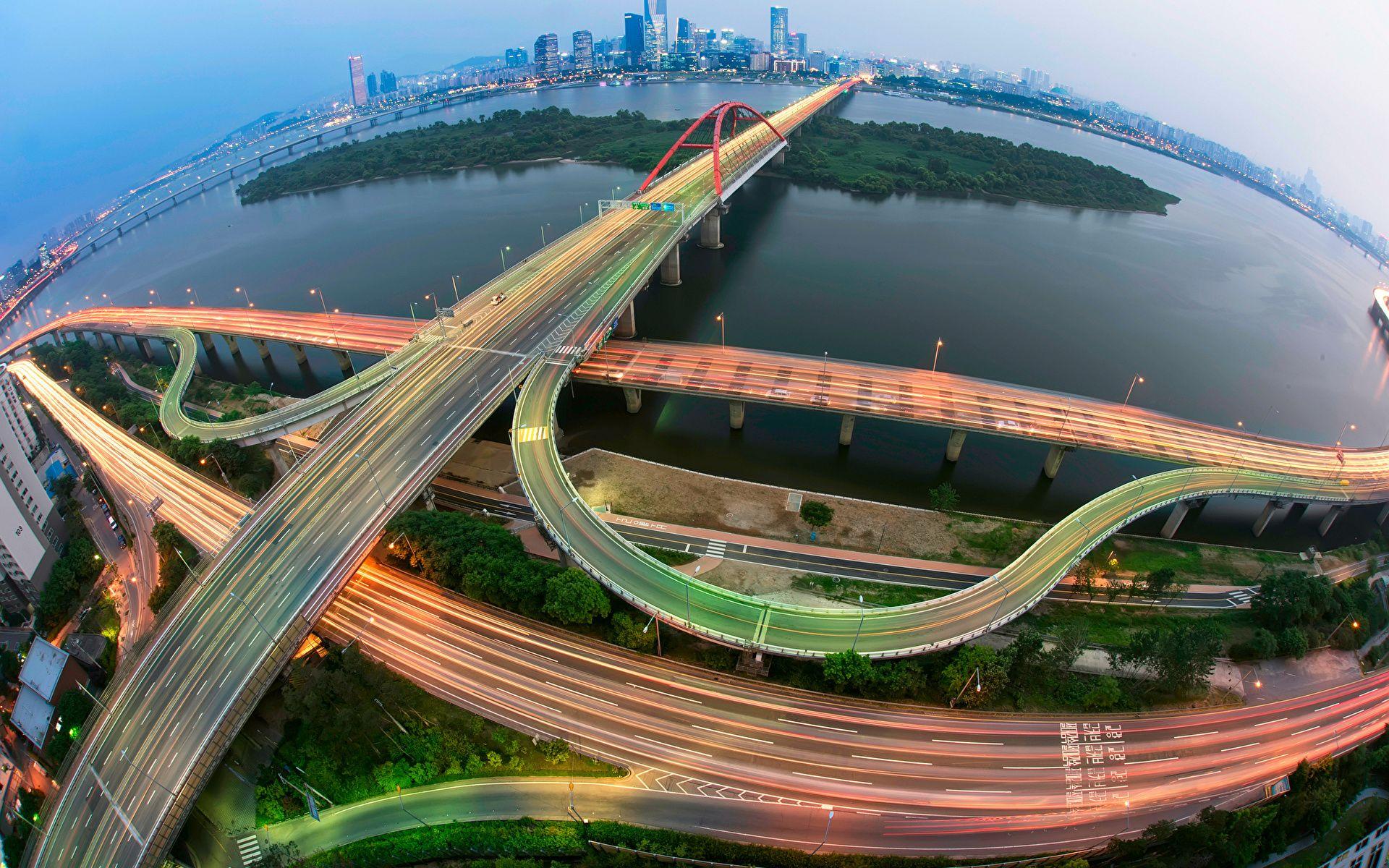 1920x1200 Picture South Korea Seoul Bridges Roads Motion From above 1920x1200