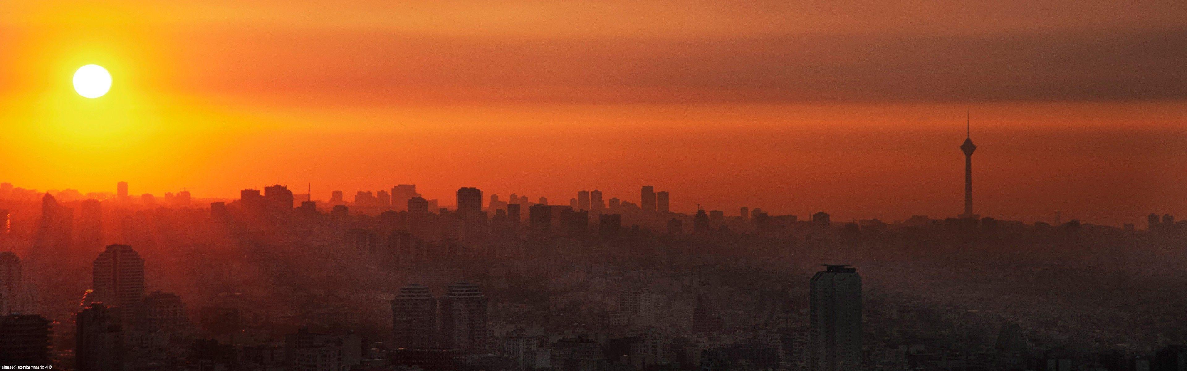 3840x1200 Iran, Tehran, City, Milad Tower, Tower, Sunset Wallpaper HD