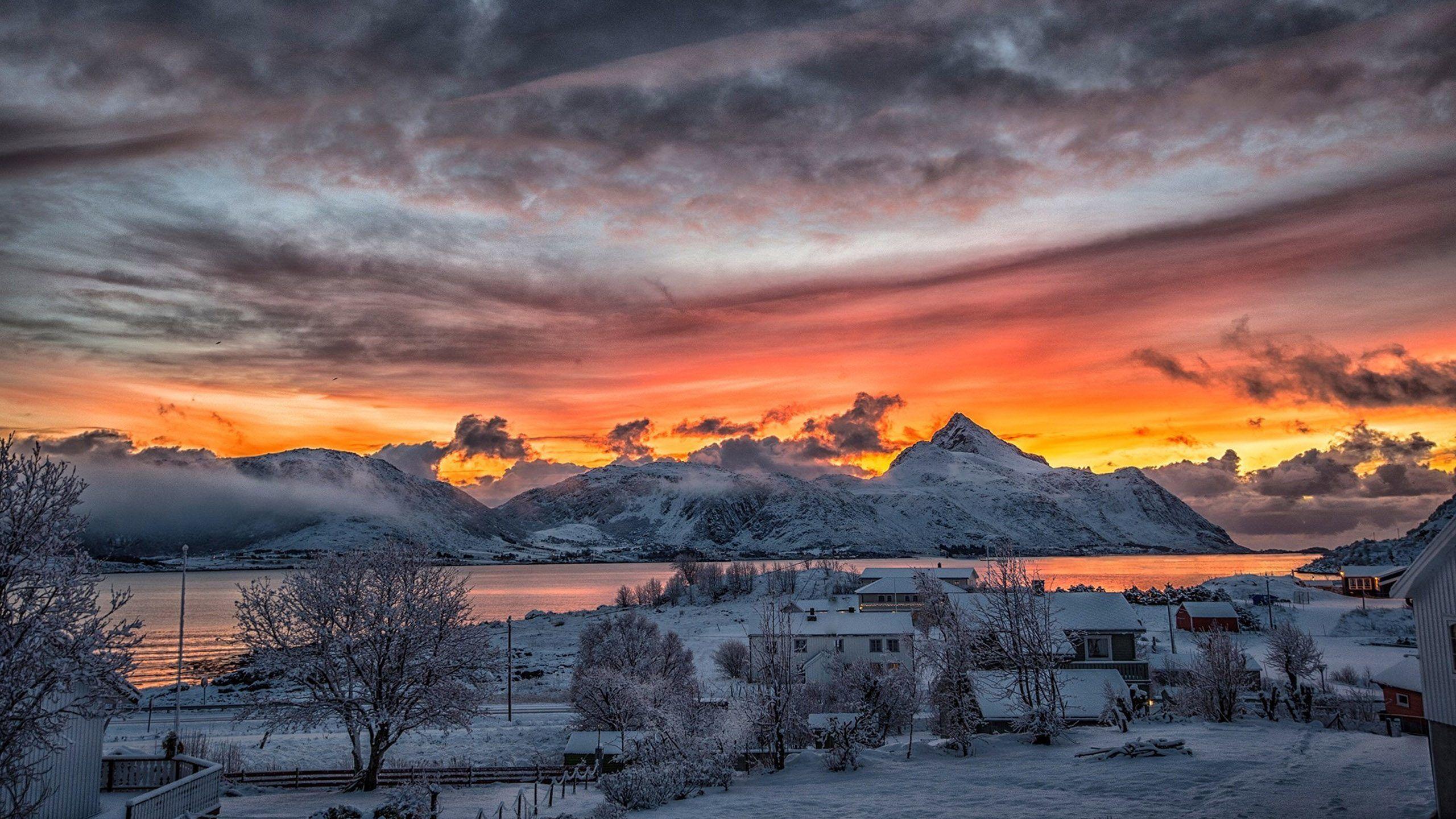 2560x1440 Cropped Northern Norway Winter Snow Mountains With Rural Houses