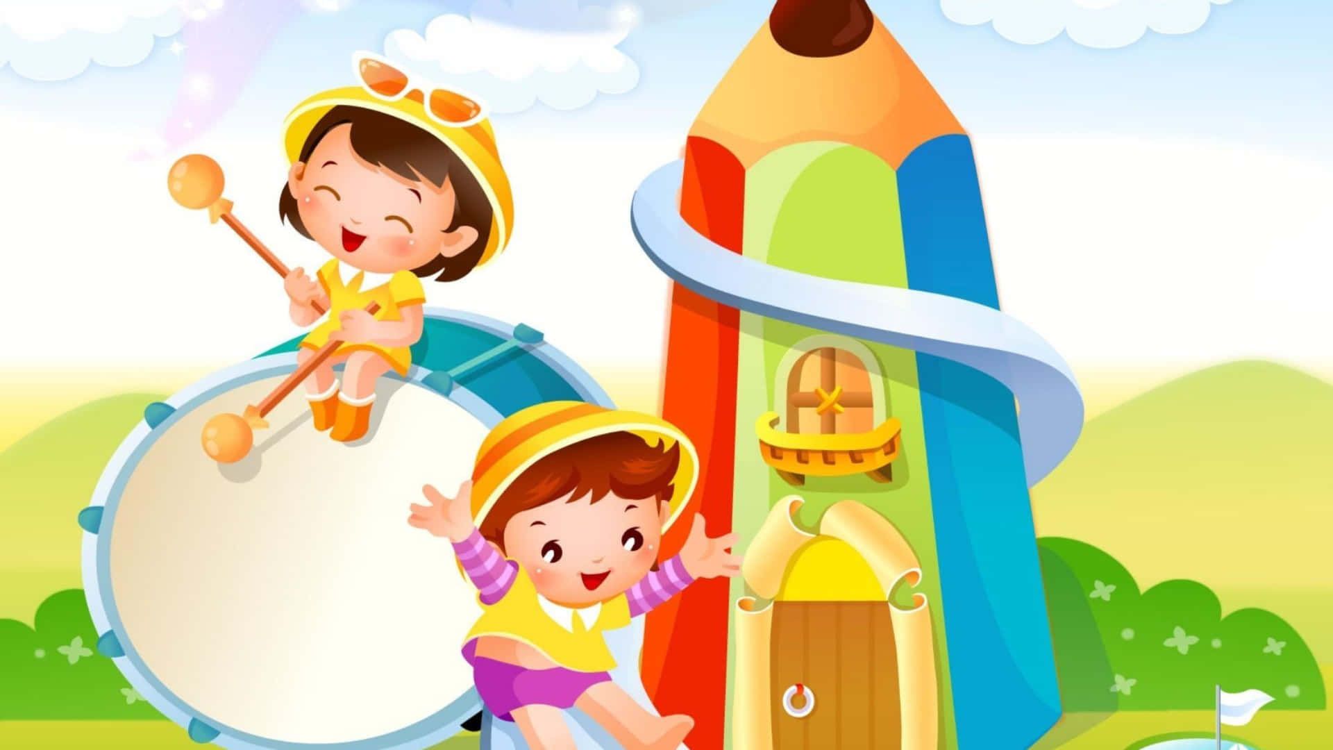 1920x1080 Download A Cartoon Picture Of Two Children Playing With A Drum