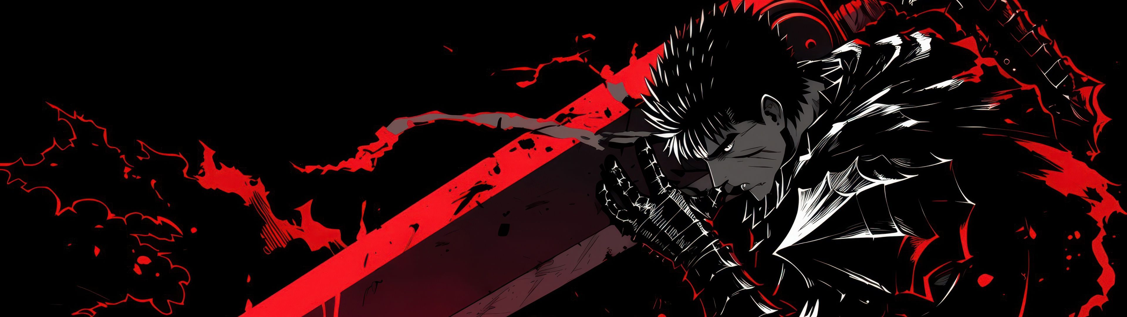 3840x1080 Guts (Berserk) Wallpaper 4K, Dark red, AMOLED, Neon art