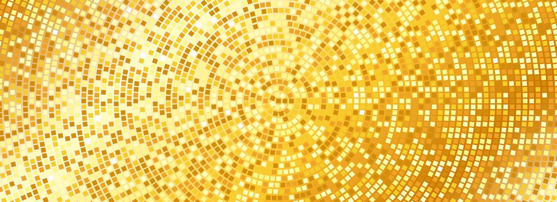 1920x698 Radial gold disco party pattern. Golden square sequin mosaic texture background. Abstract yellow shining glitter halftone wallpaper. Pop up comic sparkling glitter and strass backdrop