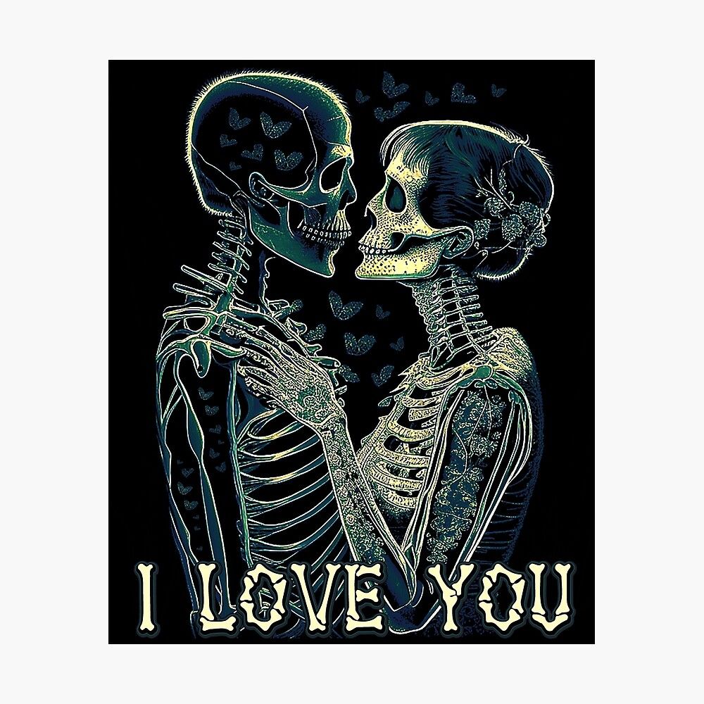 1000x1000 Skull couple hugging romantic embrace I Love You Poster