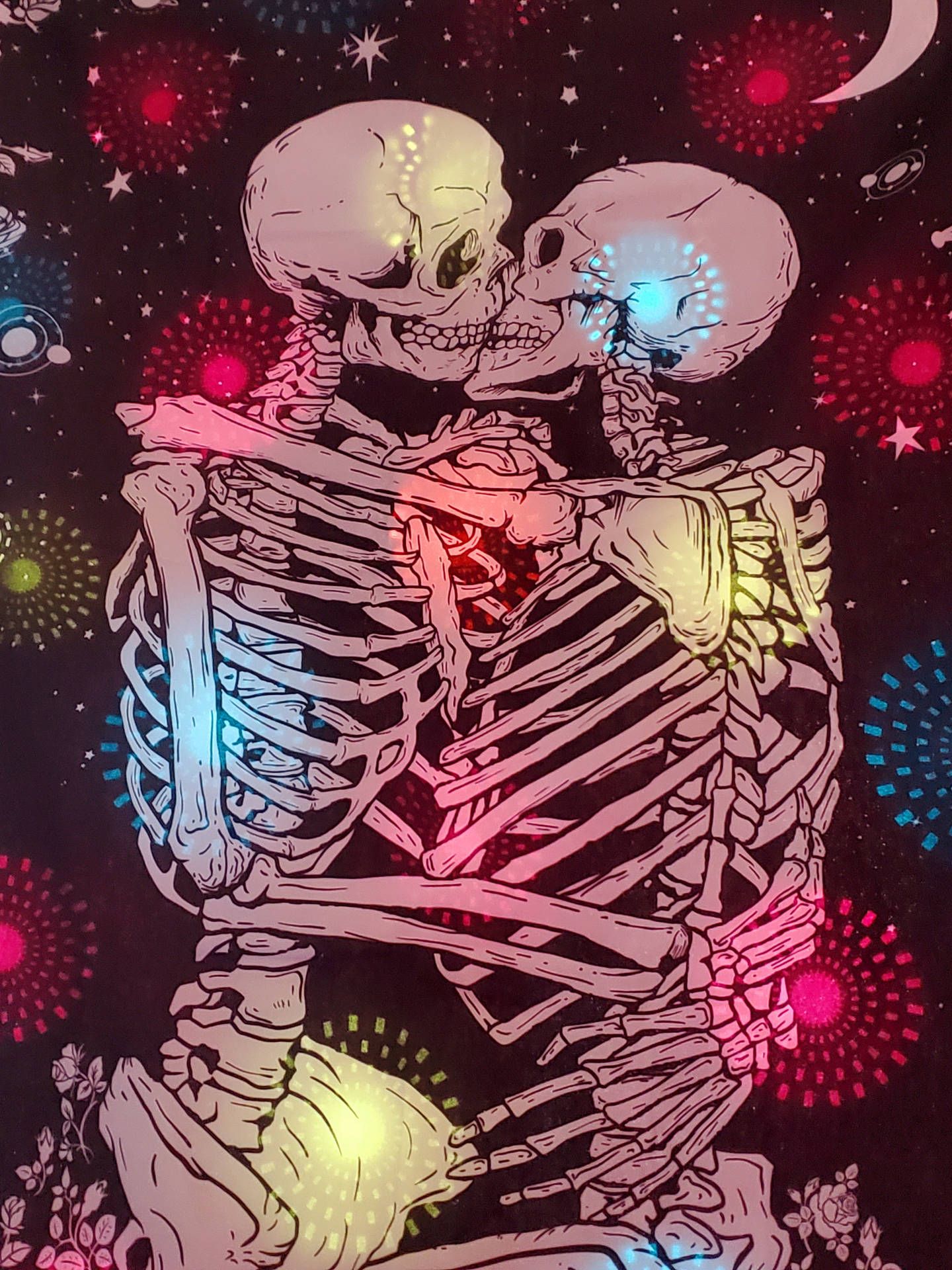 1440x1920 Download Skeleton Love Surrounded By Fireworks Wallpaper