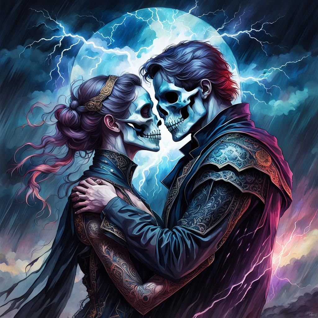 1024x1024 Skeleton love Skull Romeo and Juliet Portrait in Aq