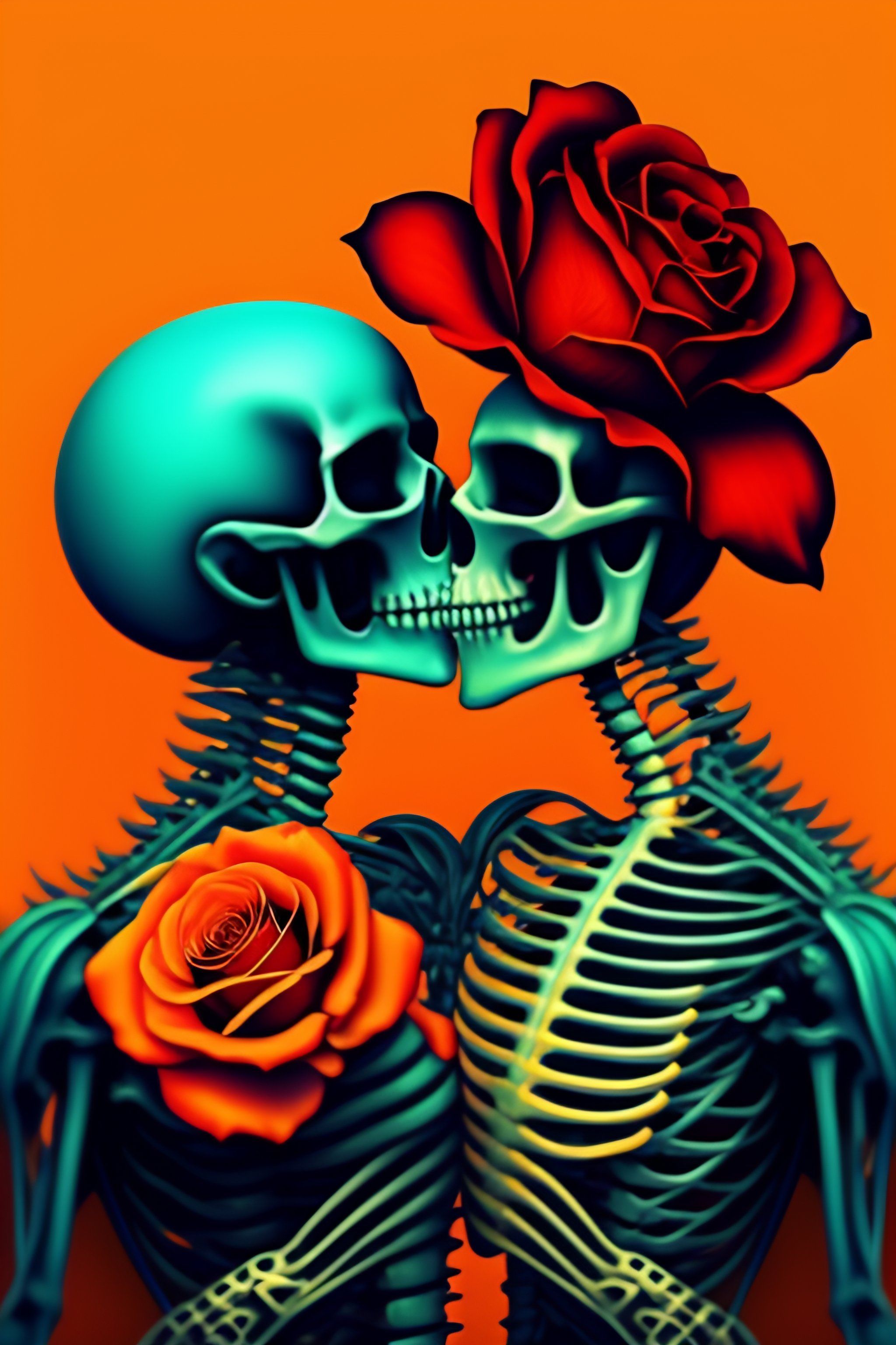 2048x3072 Lexica Skeletons And Roses On An Orange Background, Poster Art, Tumblr, Neo Romanticism, Kissing Each Other, Born This Way, Coloured In Teal An