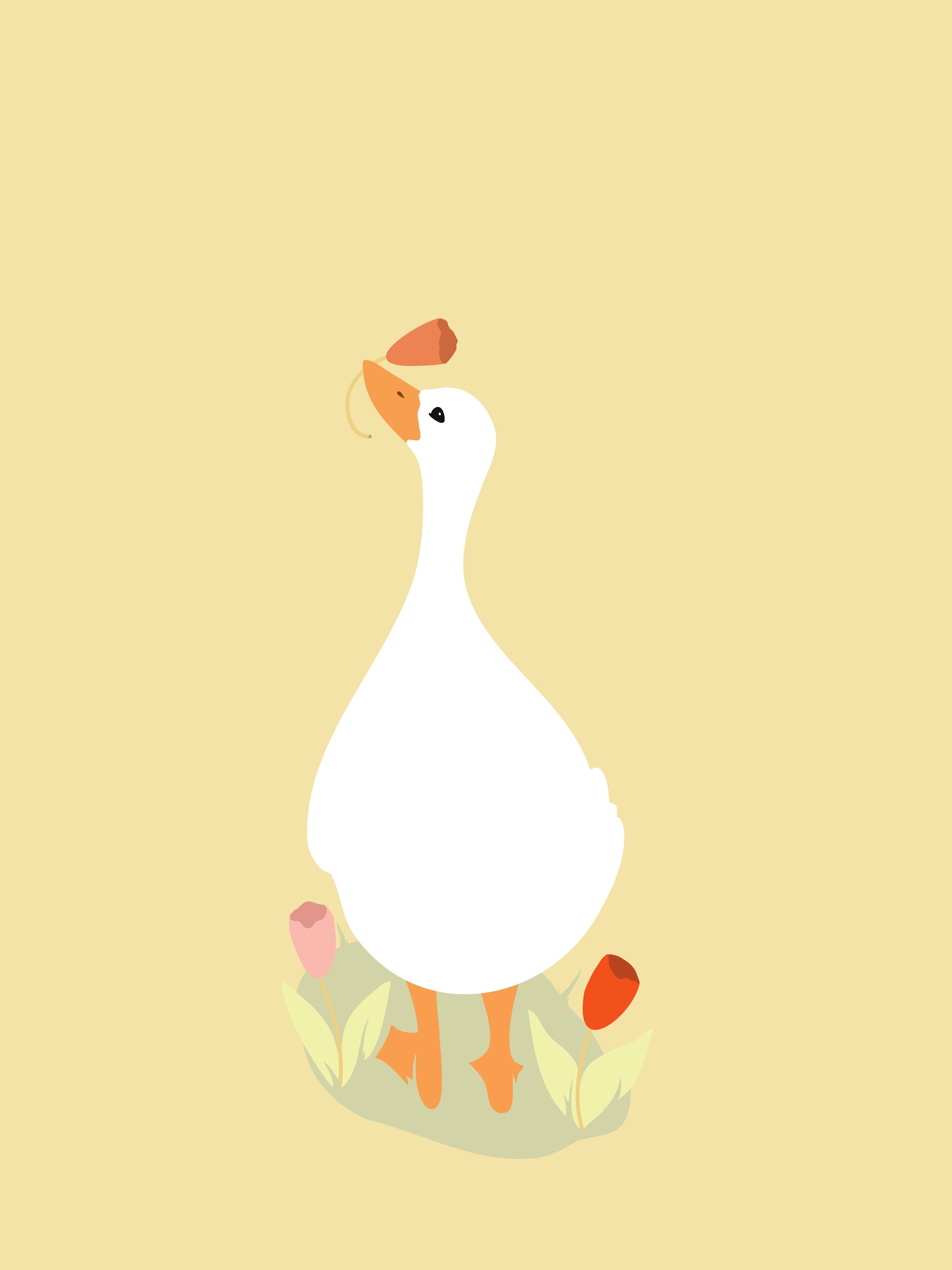3000x4000 A white goose stands among tulips on a yellow background. vector