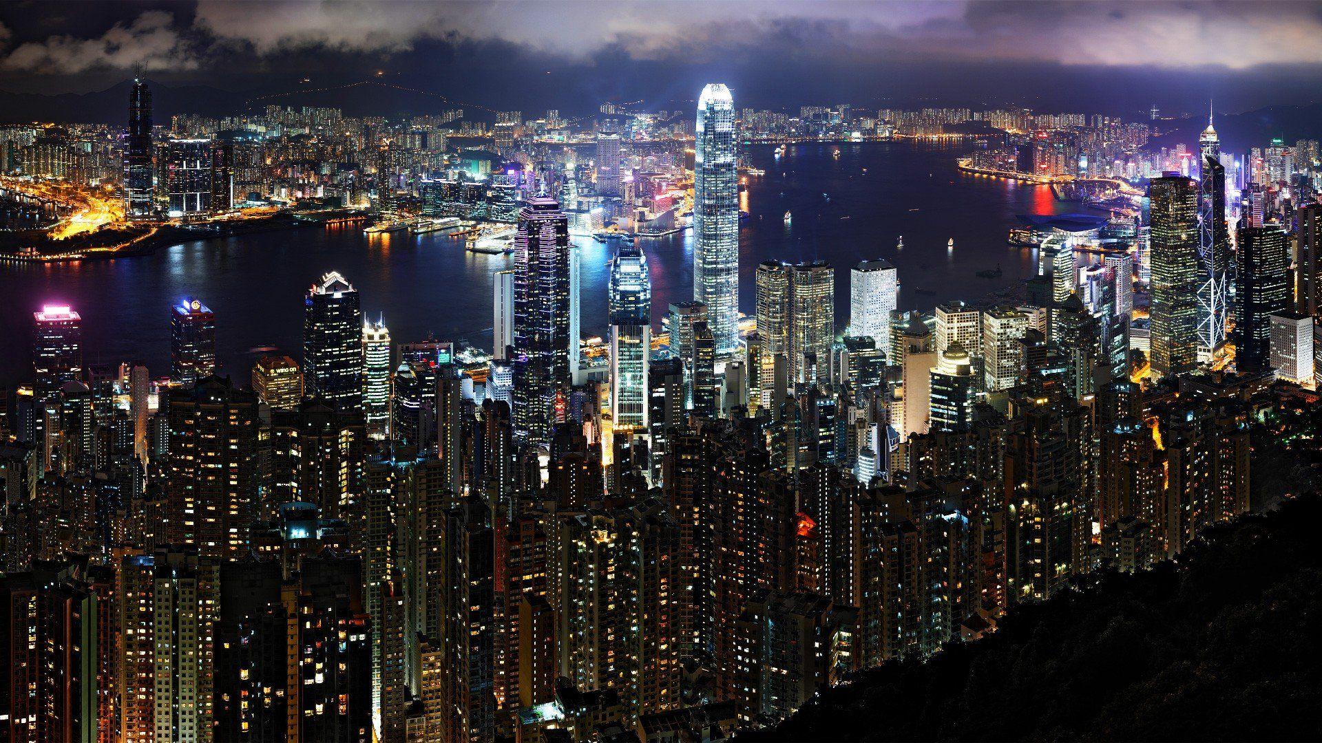 1920x1080 night, City, Victoria Harbour, Hong Kong, Two International