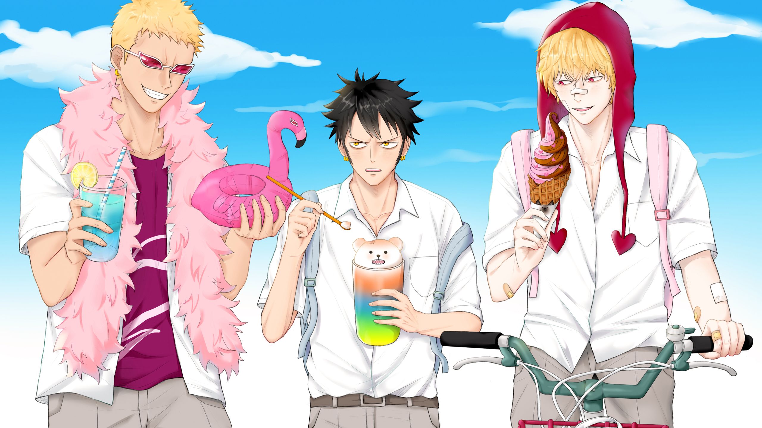 2560x1440 Donquixote Doflamingo, Trafalgar Law, Donquixote Corazon Sky Background HD One Piece Wallpaper