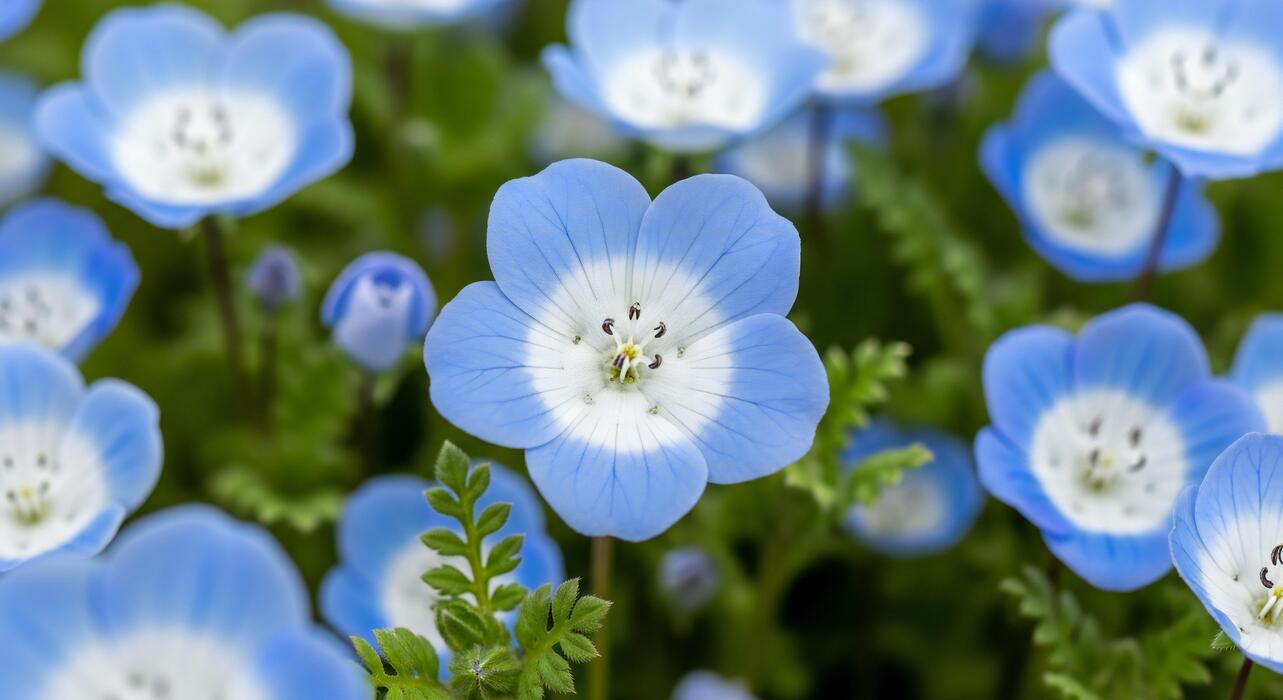 1283x700 Flowers background, Flowers wallpaper, Close up of vibrant blue nemophila flowers with white centers surrounded