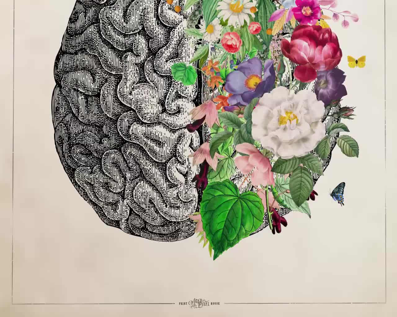 1280x1024 Psychology Print, Gift for Psychologist, Mental Health Poster, Cerebrum with Flowers Decor, Brain Art, Psych Student Graduation Gift