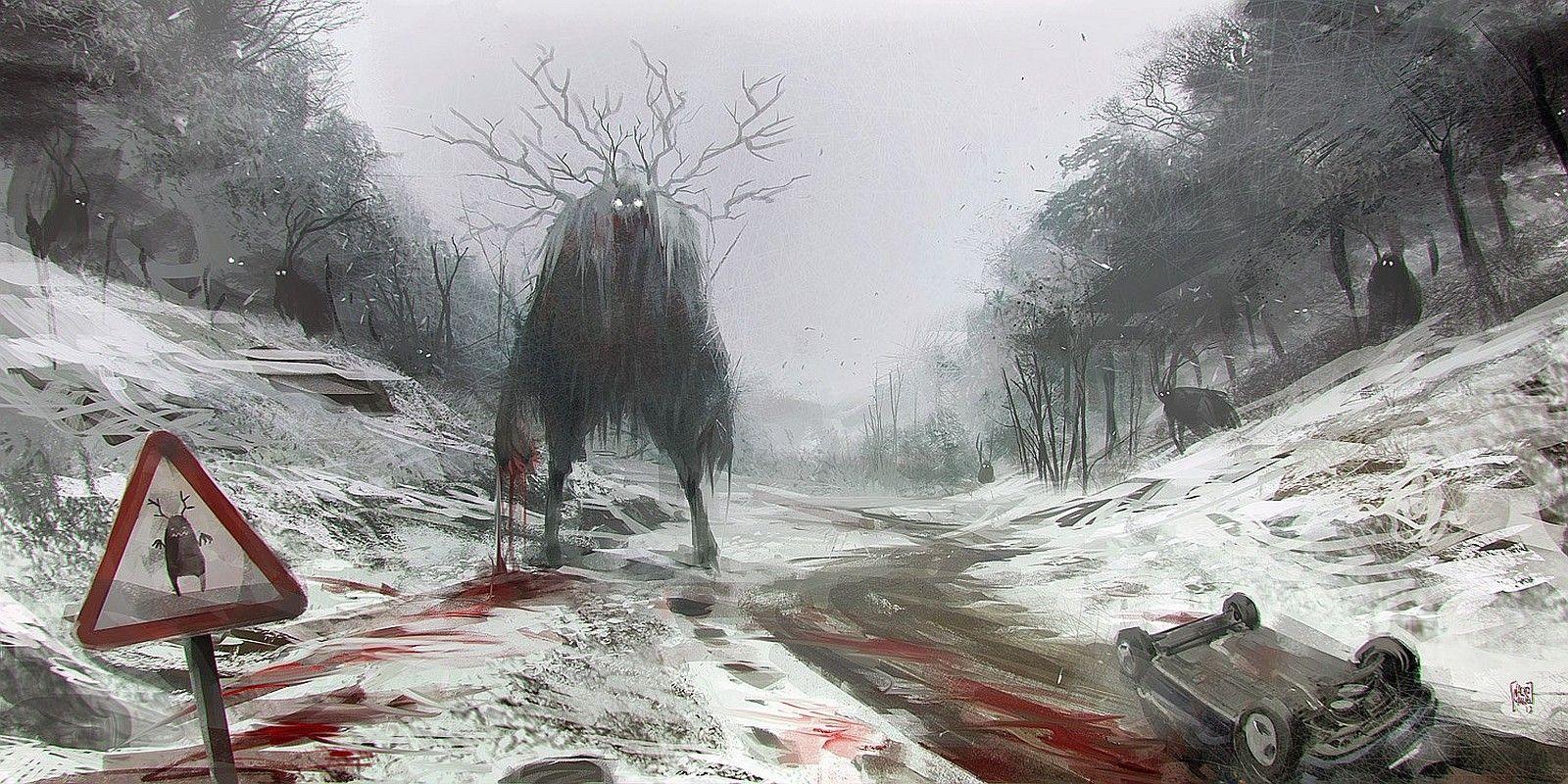 1600x800 paintings, winter, snow, dark, monsters, cars, blood, fantasy art