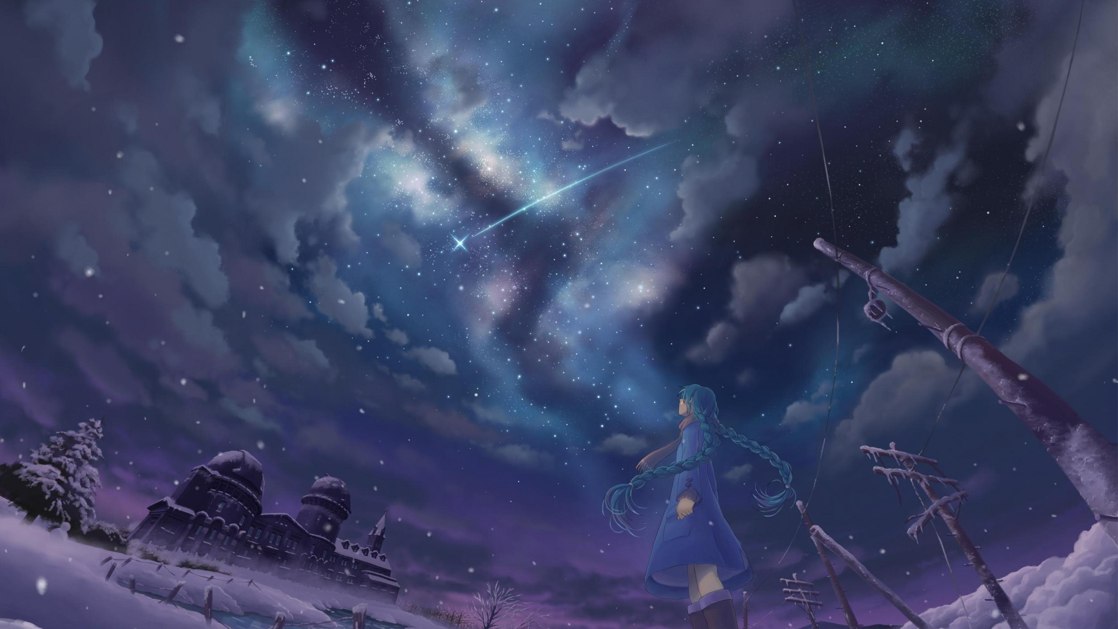 3840x2160 Free download Shooting stars Night Snow Stars Winter Anime girls