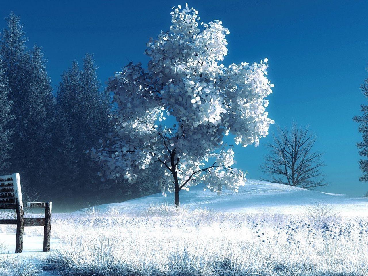 1280x960 Download wallpaper 1280x960 winter, landscape, nature, snow, bench