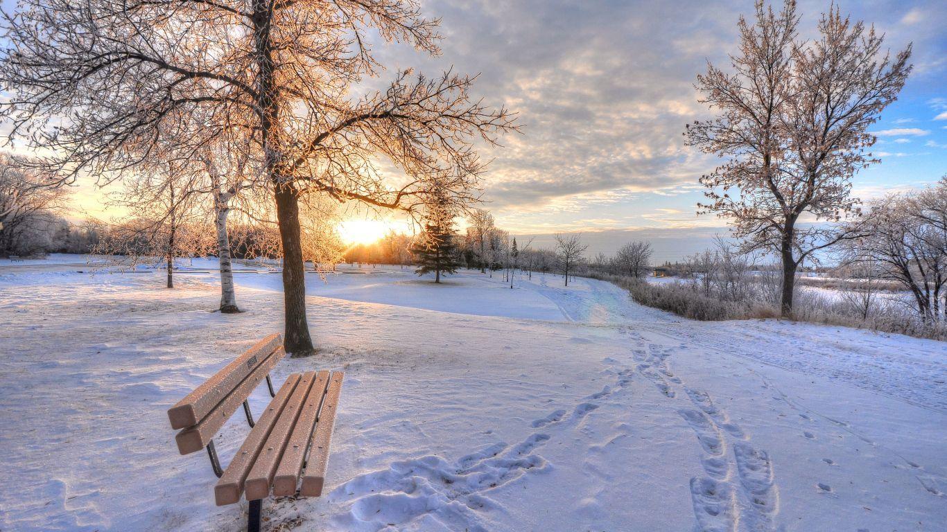 1366x768 Wallpaper winter, snow, dawn, footprints, bench. Winter