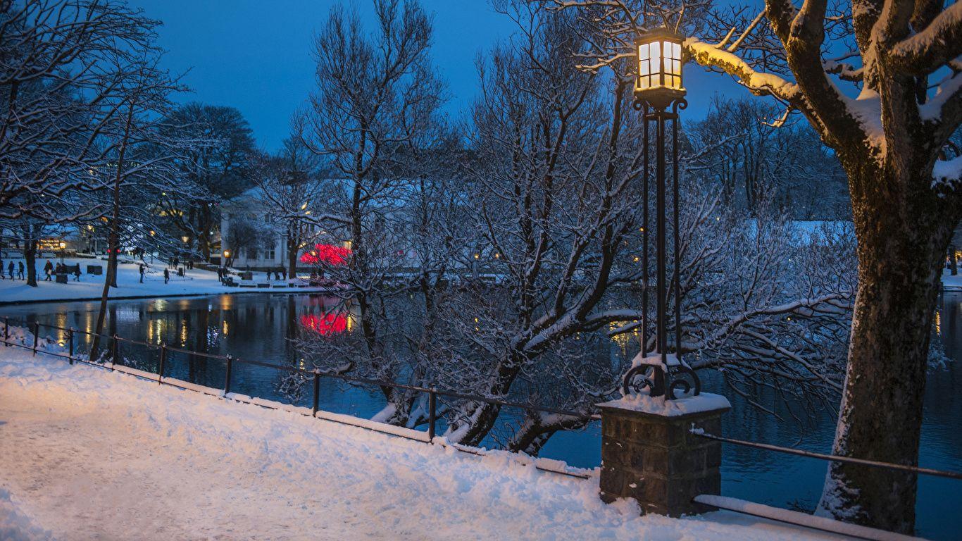 1366x768 Wallpaper Norway Stavanger Winter Snow Pond Street lights 1366x768