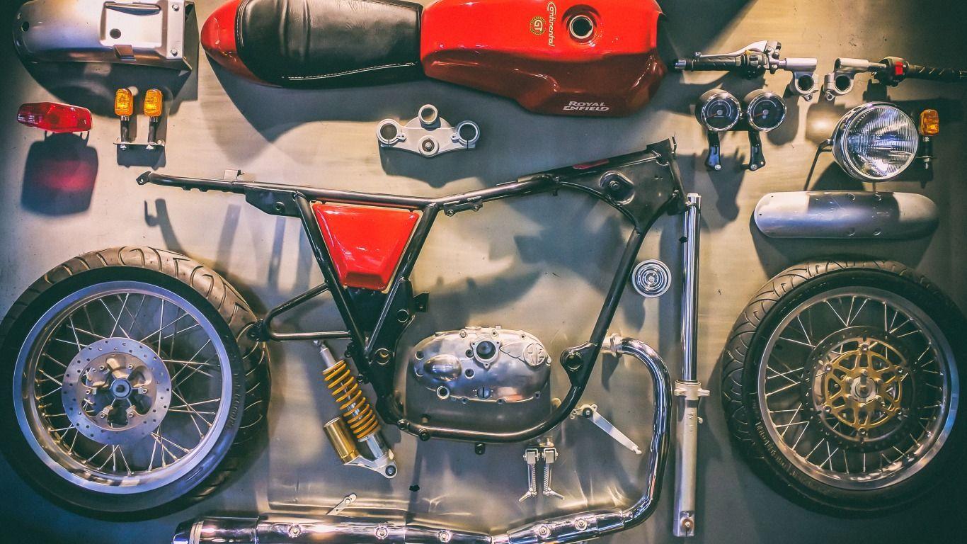 1366x768 Download wallpaper motorcycle, disassembled, Royal Enfield