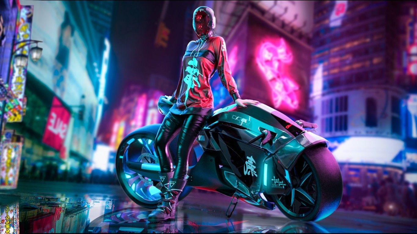 1366x768 Cyberpunk Scifi Girl With Motorcycle 1366x768 Resolution