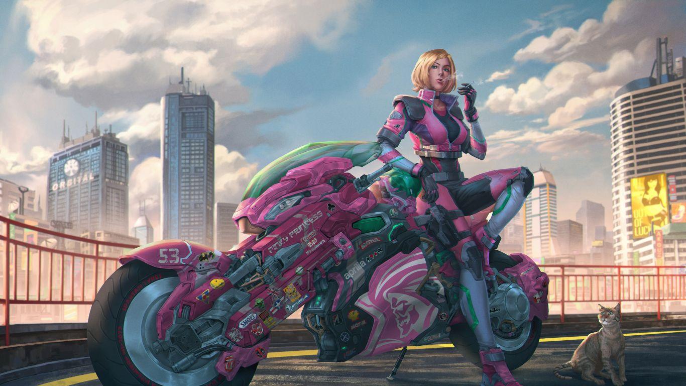 1366x768 Motorcycle Cyberpunk Girl 1366x768 Resolution Wallpaper