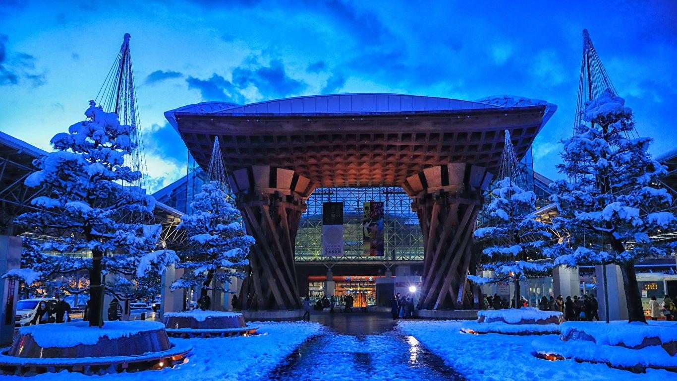 1366x768 Picture Tokyo Japan Winter Snow Evening Trees Cities 1366x768